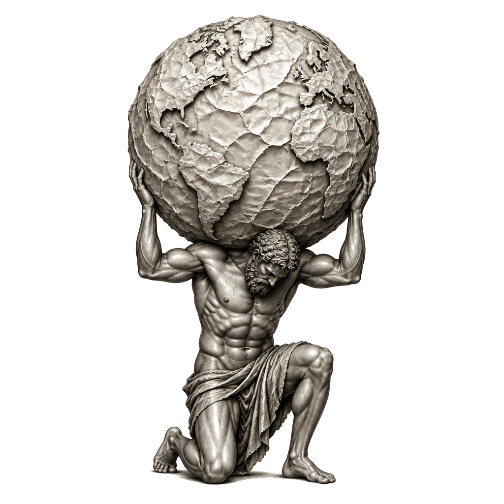 Atlas holding up a paper planet