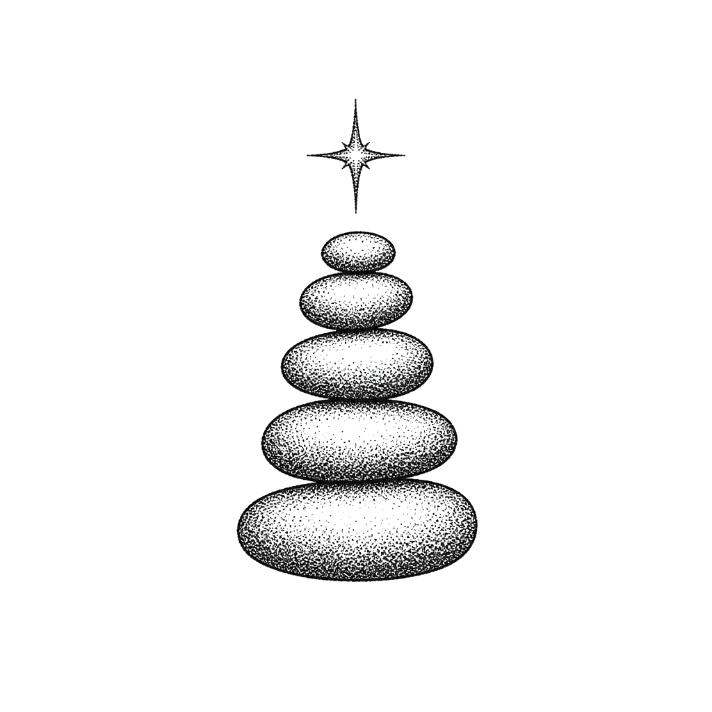 A stack of balanced river stones under a single star