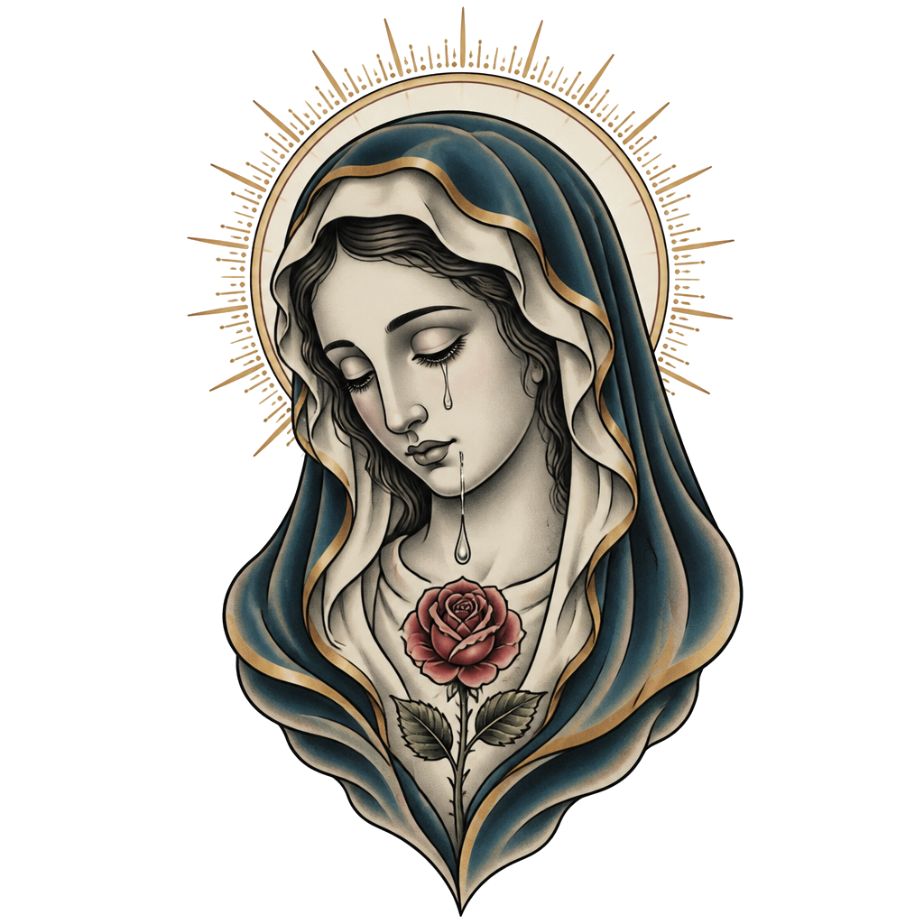 Serene Virgin Mary portrait with downcast eyes, a delicate halo, and a single tear transforming into a small rose beneath her chin.