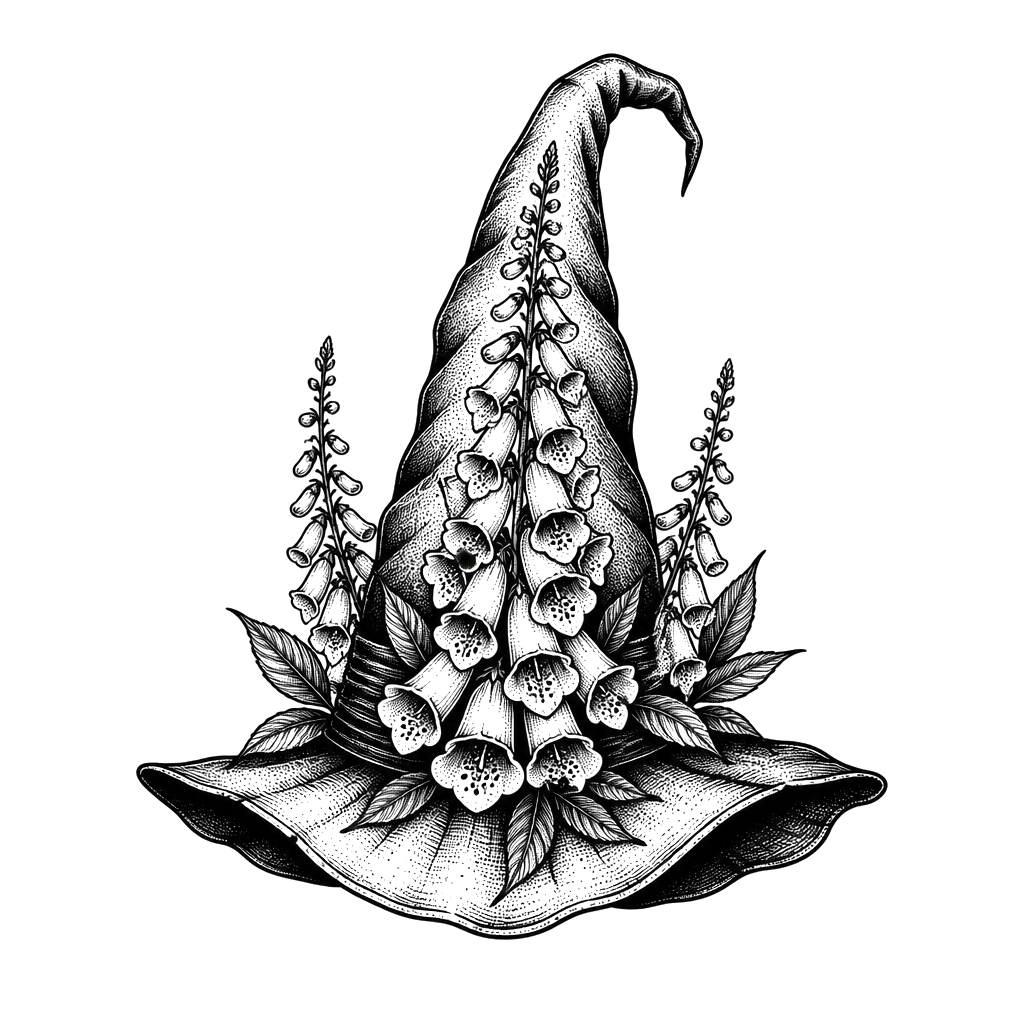A pointed witch hat crowned with foxglove