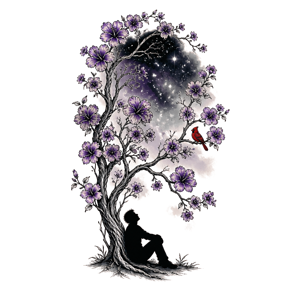 A full rib tattoo. A rose of Sharon tree where the trunk and branches are black but not filled in. The flowers on the branches will be purple. There is a silhouette of man sitting and leaning up on the tree looking up to a stary sky. On one of the branches is a silhouette of a red cardinal.