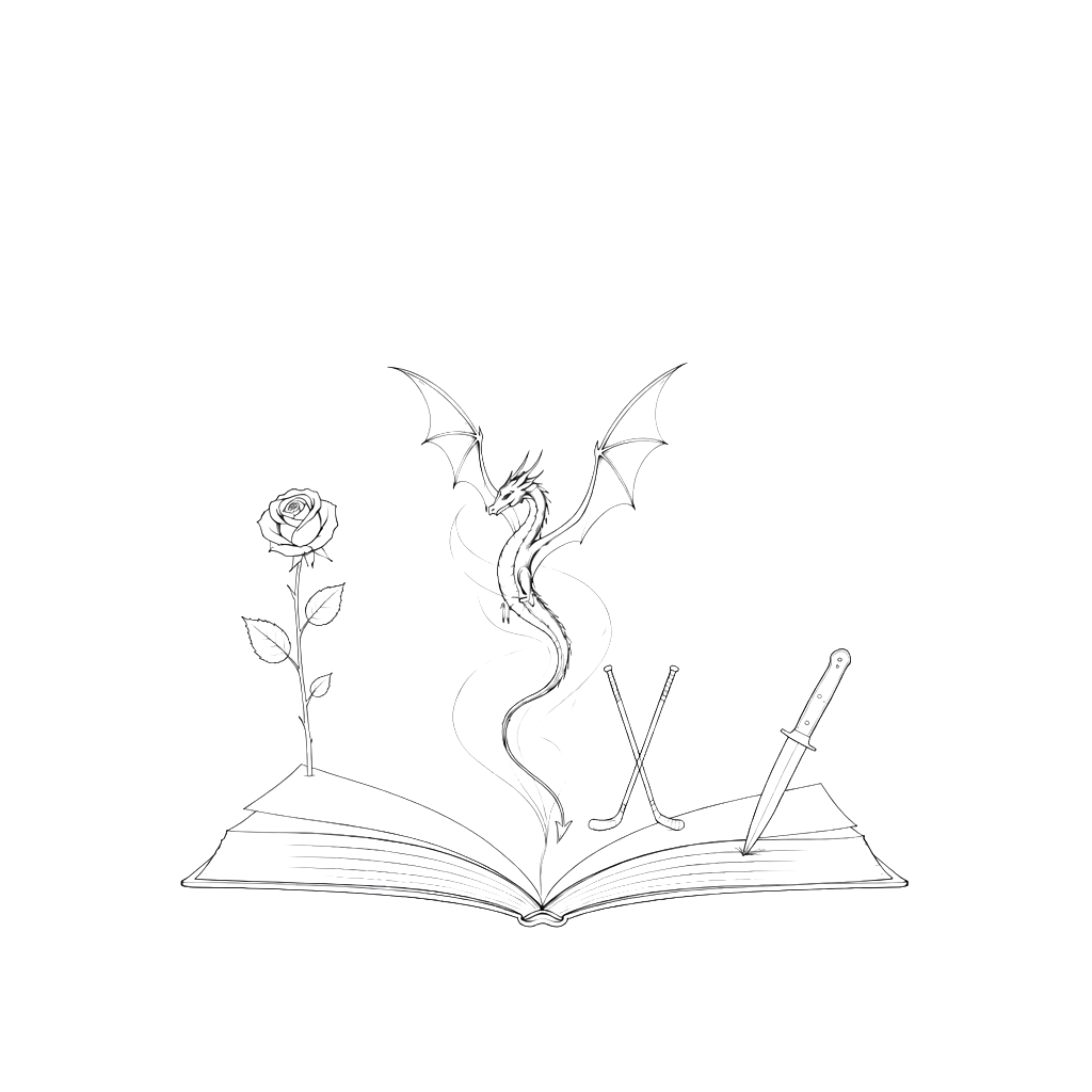I want an open book and coming out from the book I want a small black dragon, a single rose with the stem, a pair of hokey sticks and a knife