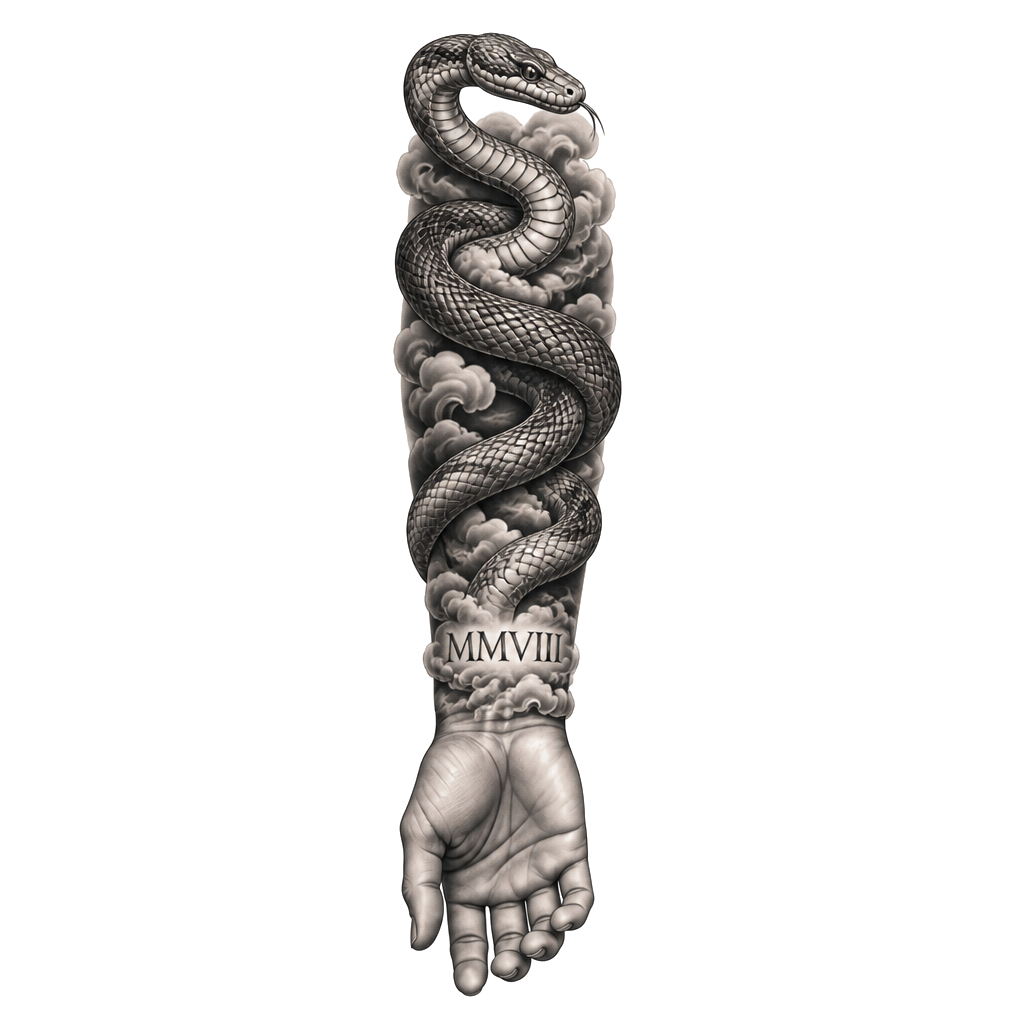 clouds on the wrist, 2008 in roman numerals, with a snake wrappiing around forearm sleeve