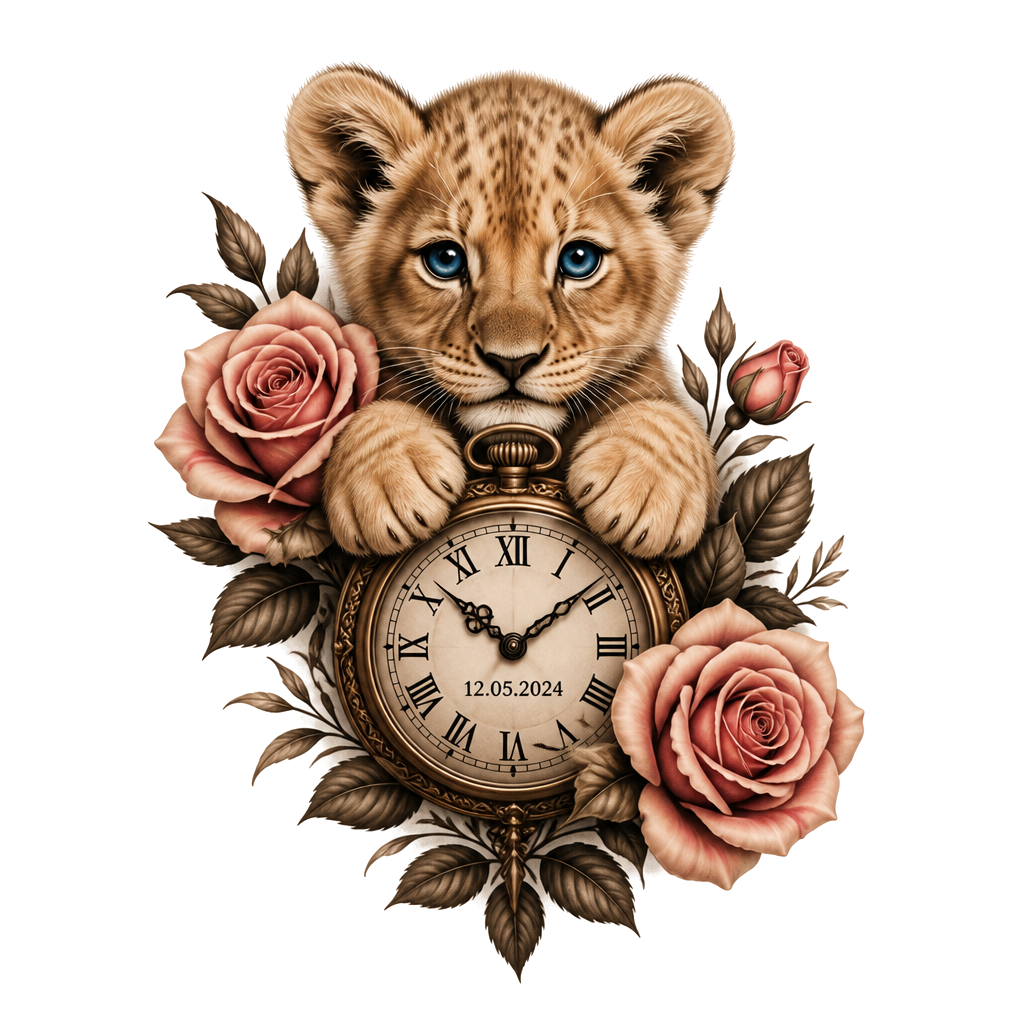 I want a baby lion blue eyes with a clock with a date on it, with roses and the name Luella