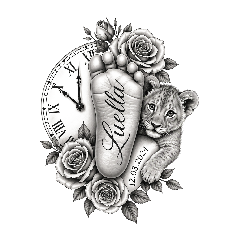 Baby’s foot  with Luella name in it then date of birth next to the foot with half a clock blended in  with the time showing ten o’clock on it  but the clock on the left hand side and some rose around it all in black and a baby cub