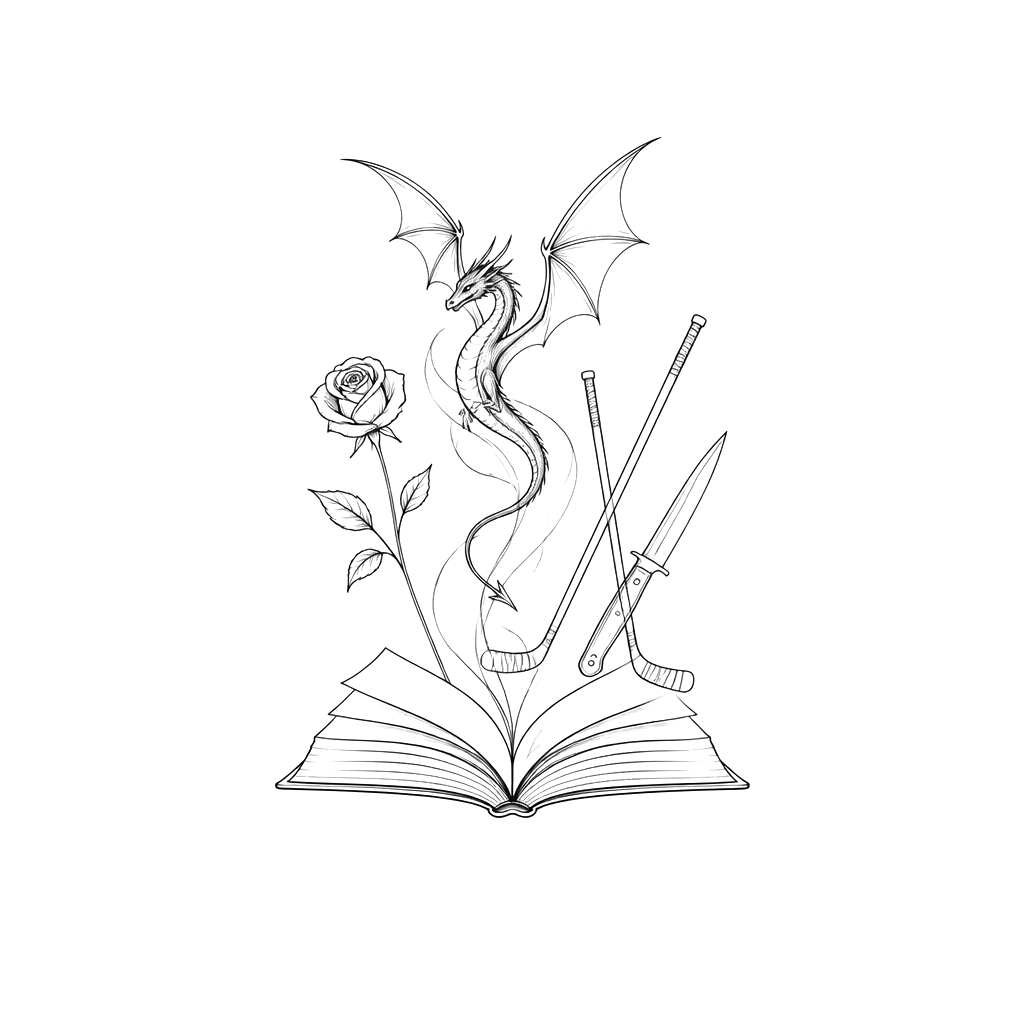 I want an open book and coming out from the book I want a small black dragon, a single rose with the stem, a pair of hokey sticks and a knife