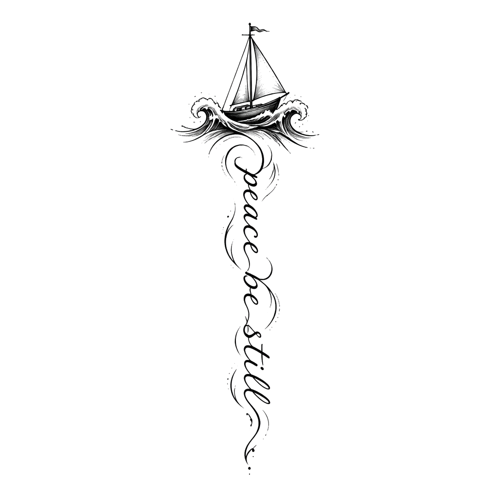 Spine tattoo a small sale boat at the top with waves around it with the words peace be still going down the spine in cursive