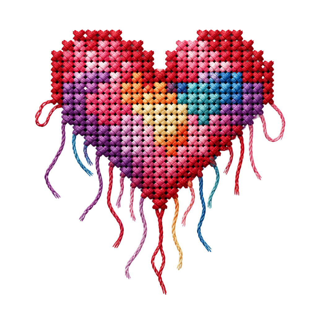 A cross-stitched heart with loose hanging threads