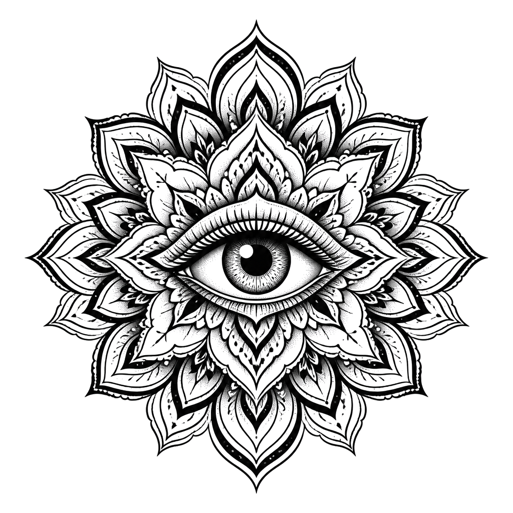 An eye at the center of a layered mandala