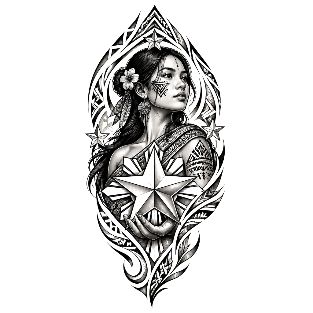 A girl framed by Philippine tribal patterns, holding a Philippine star that anchors the flowing half-sleeve composition.