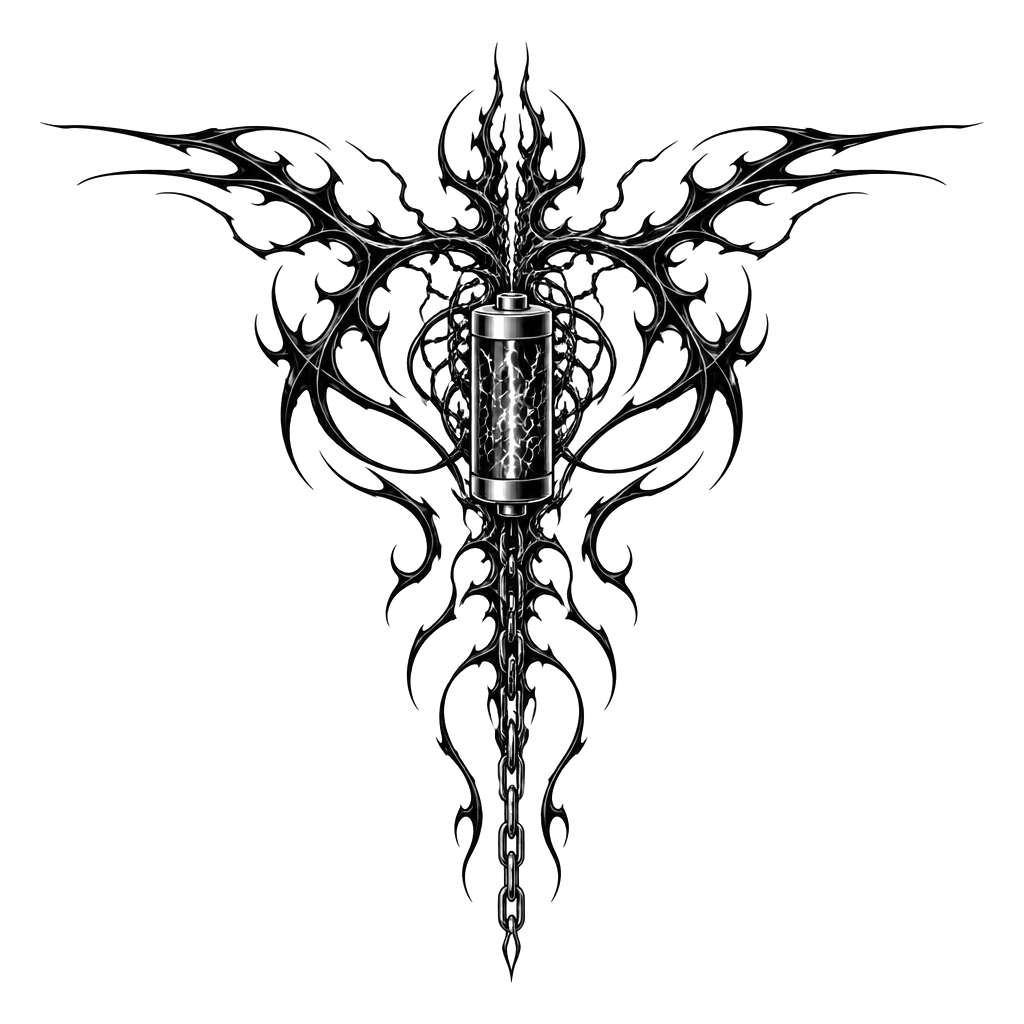 Design me a tattoo for my back that goes from shoulder blade to shoulder blade and these down into the spine with a chain hanging, and a battery powering the tattoo