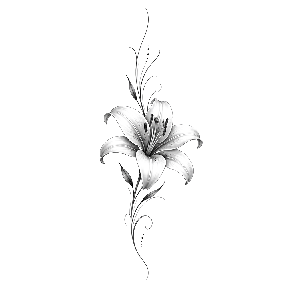 fleur (la vraie fleur de la nature) de lys en bas du ventre à droite avec des légers traits qui vont en haut et en bas du ventre de 15 cm