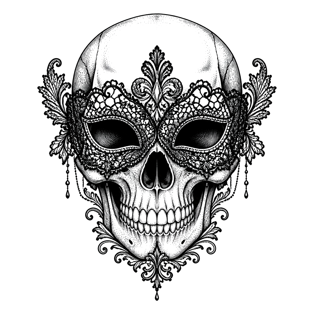A skull wearing a lace masquerade mask