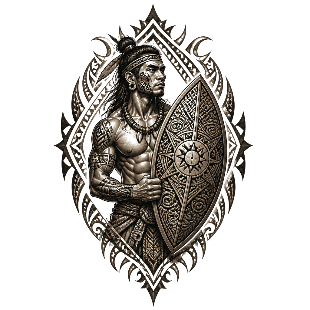 A powerful Visayan warrior framed by Philippine tribal patterns, gripping a shield etched with ancestral symbols to embody enduring strength.