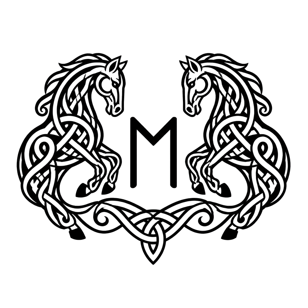 The Ehwaz rune of trust set between two knotwork horses