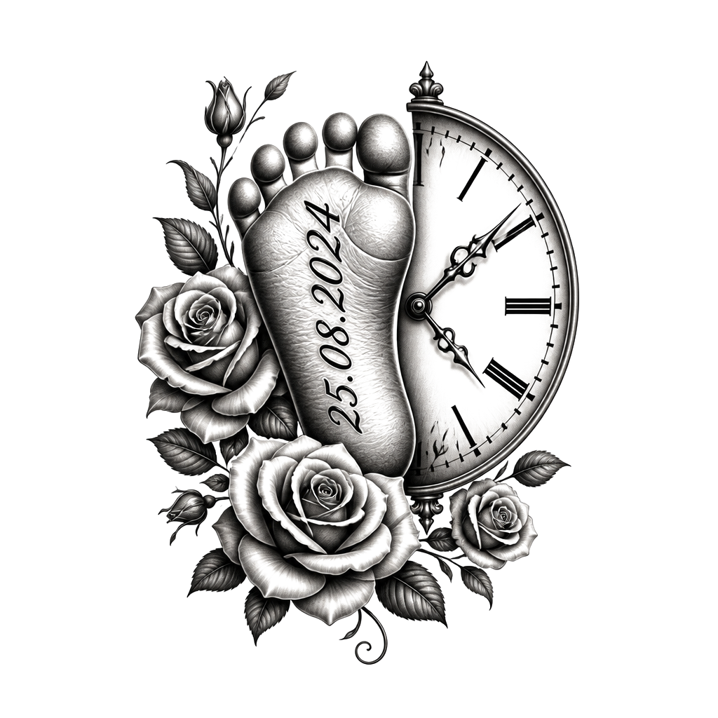 Baby’s foot with Luella in it then date of birth next to it with half a clock blended in and some rose around it all in black