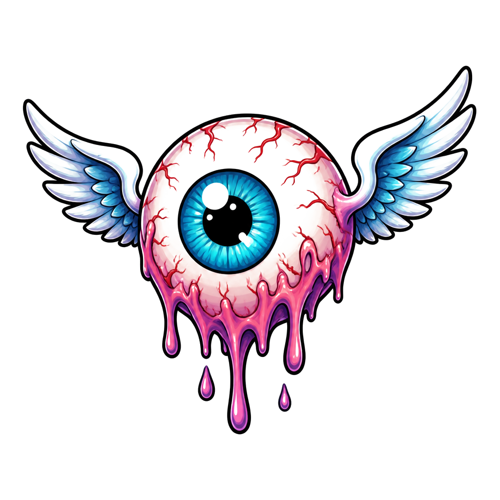 A melting cartoon eyeball with little wings