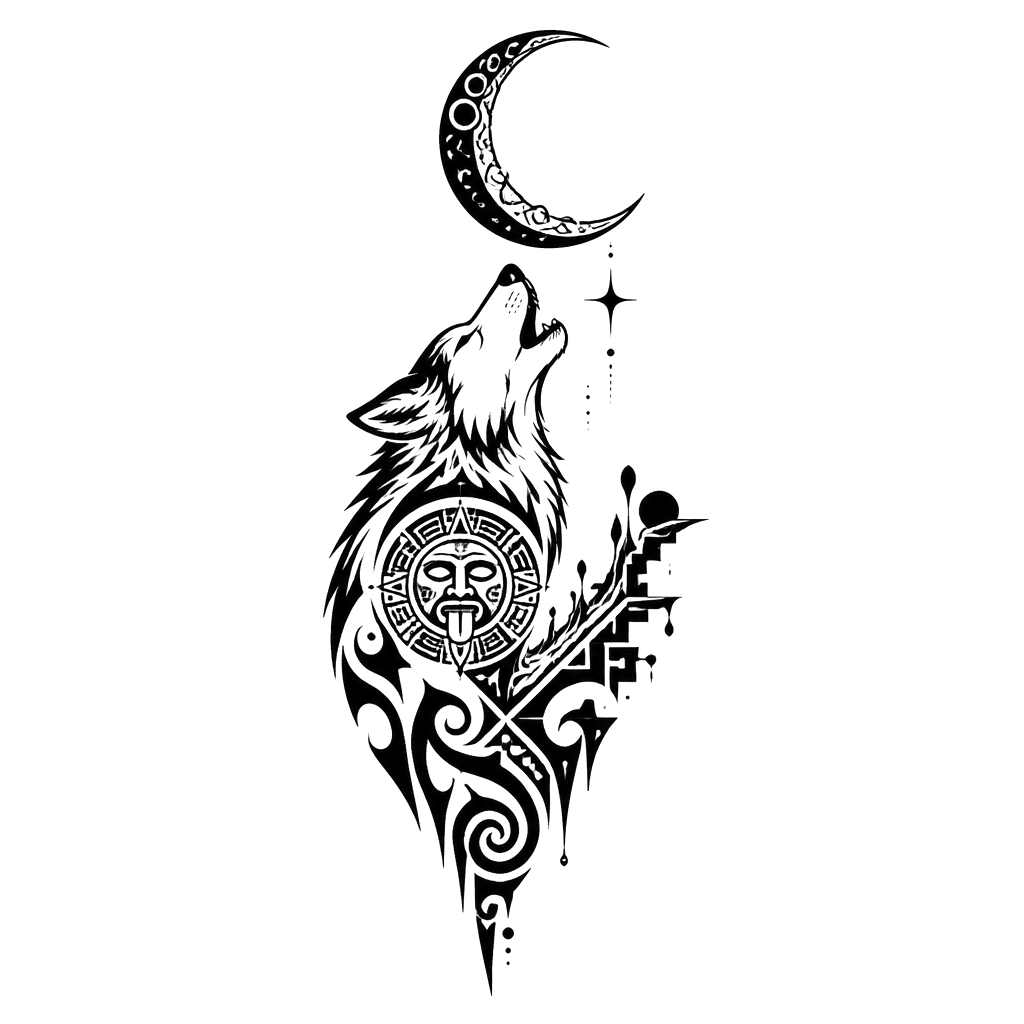 A wolf howling at a crescent moon, lots of negative space