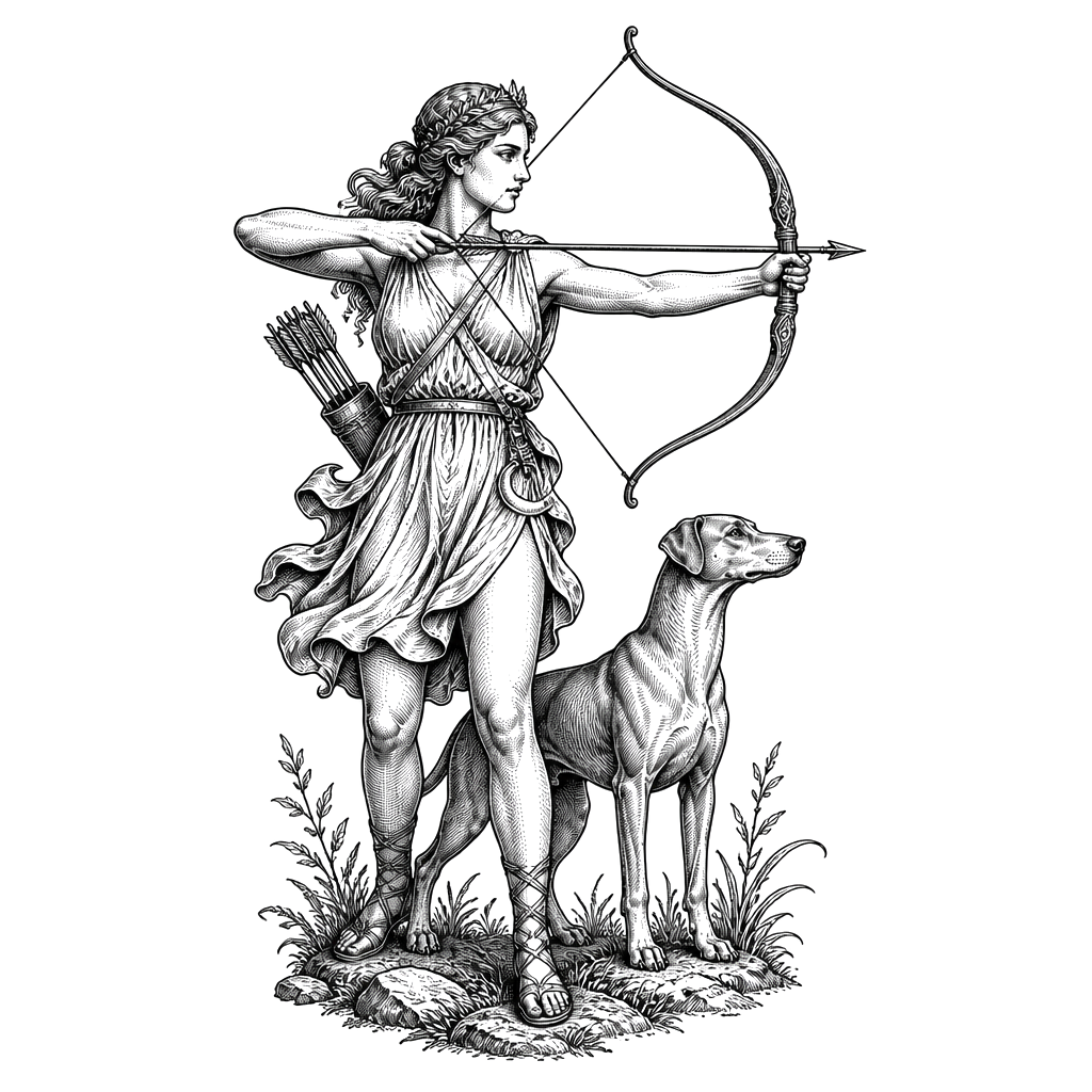 Artemis drawing her bow with a hound at her side