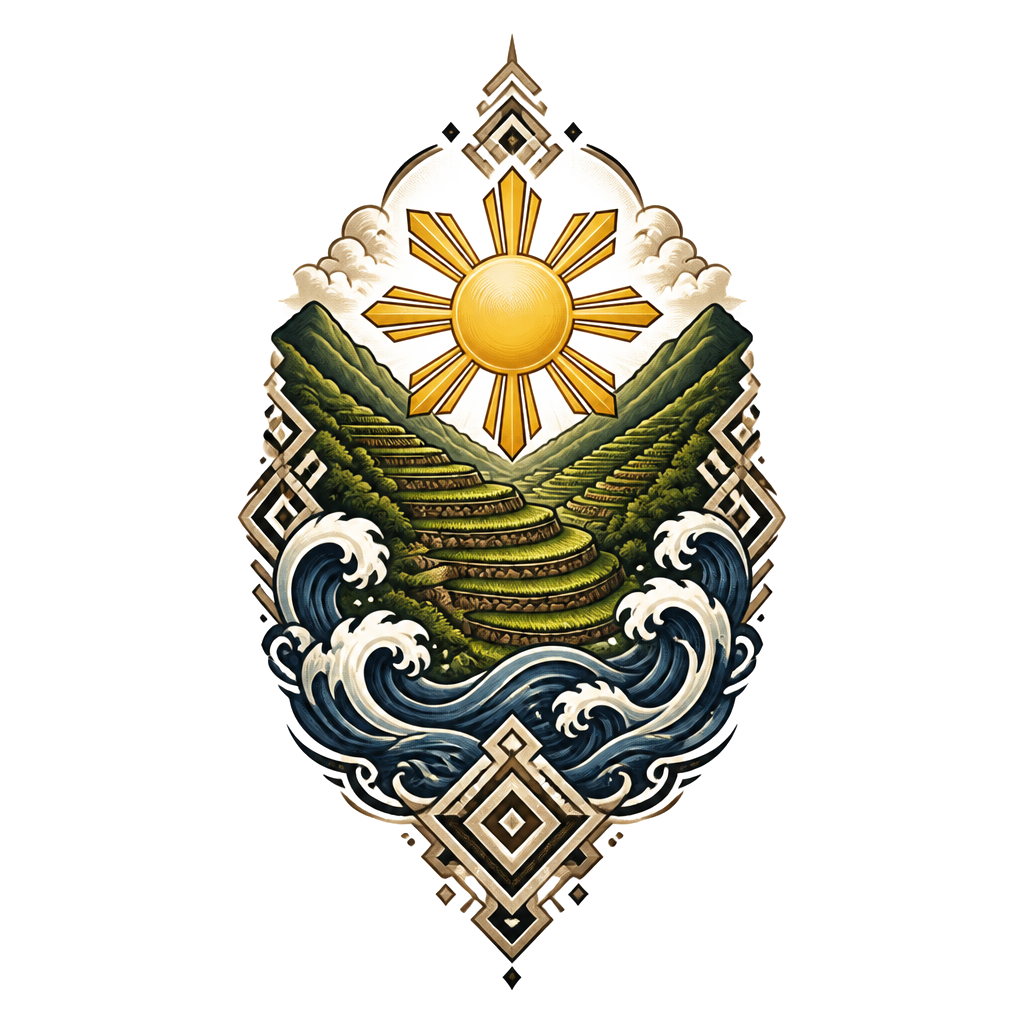 A Philippine sun framed by mountain terraces, flowing waves, and geometric ancestral motifs, balanced in a compact vertical composition.