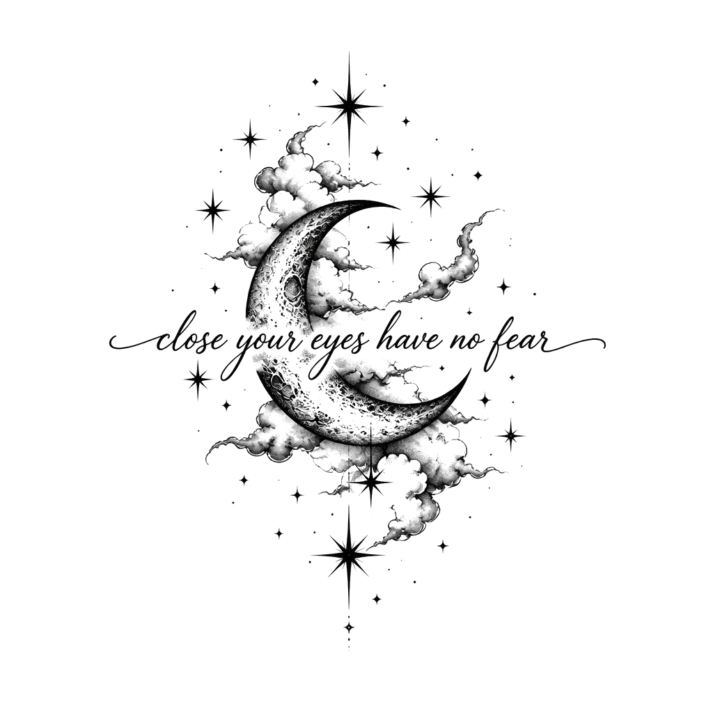 I want a tattoo with the lyrics "close your eyes have no fear" I will insert a picture of what I want the background of the  to look like and what I want for the font