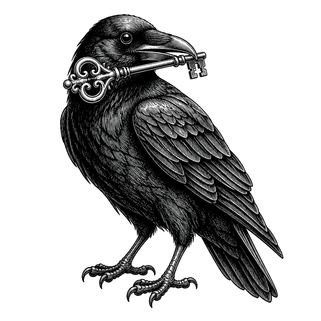 A raven holding a skeleton key in its beak