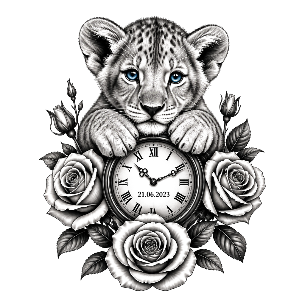 I want a baby lion blue eyes with a clock with a date on it, with  roses with the name Luella on it all in black