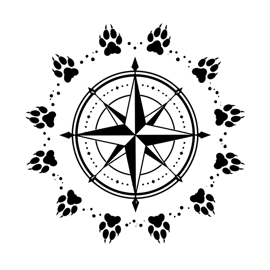 A ring of wolf tracks circling a compass