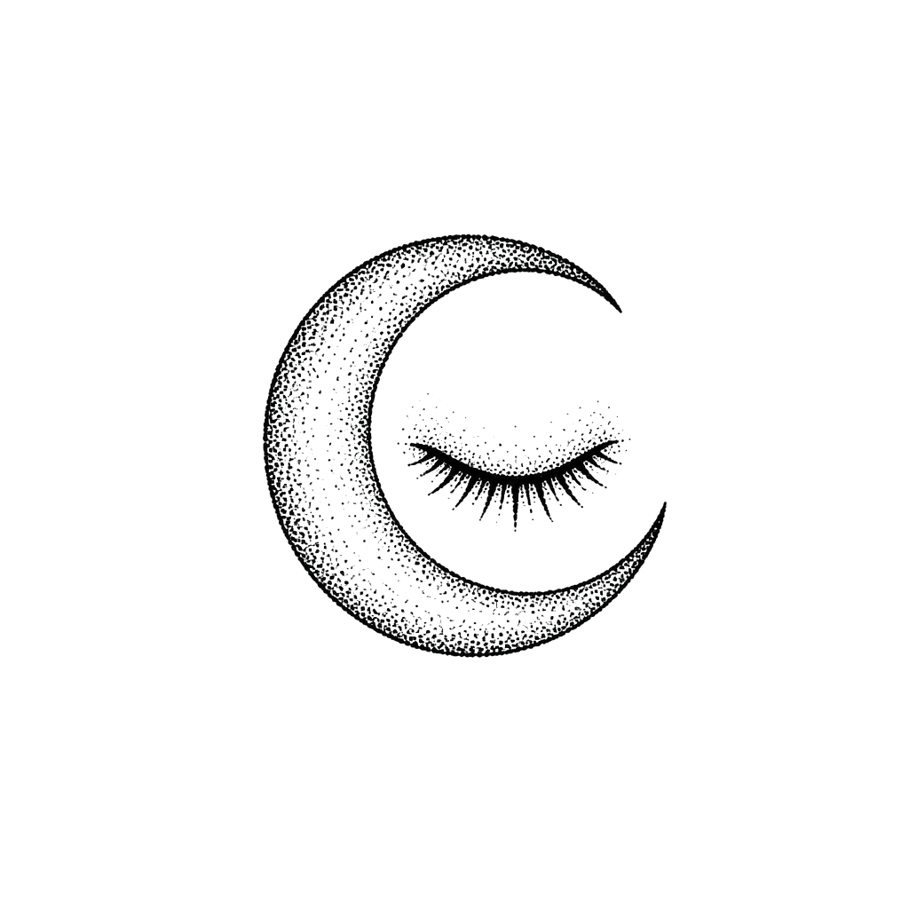 A crescent moon cradling a single sleeping eye