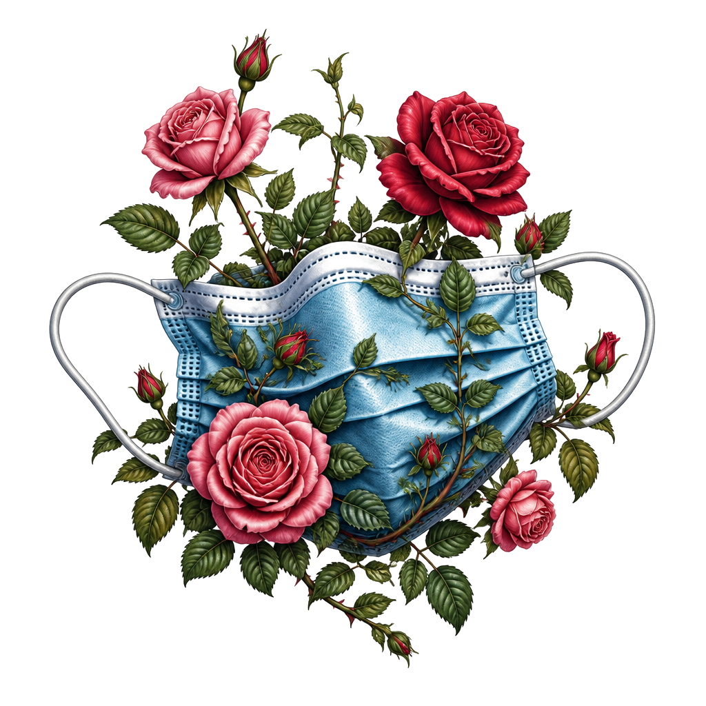 A rosebush garden entwined around a surgical mask, with blooming roses and leafy plants growing naturally through its folds and ties.