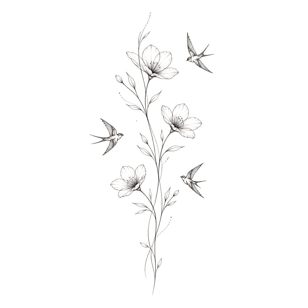 Ich mag eine Fineline Blume über meinen Rücken mit 2-3
Blüten. Dann noch ästhetische Vögel