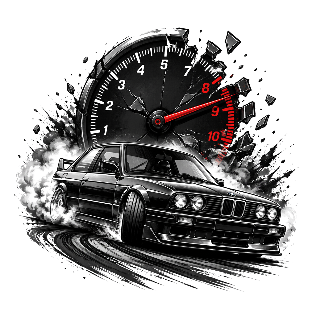 BMW e30 with a îs kit while drifting with a rev clock under broken and in the limit redline with the numbers on the revlimiter