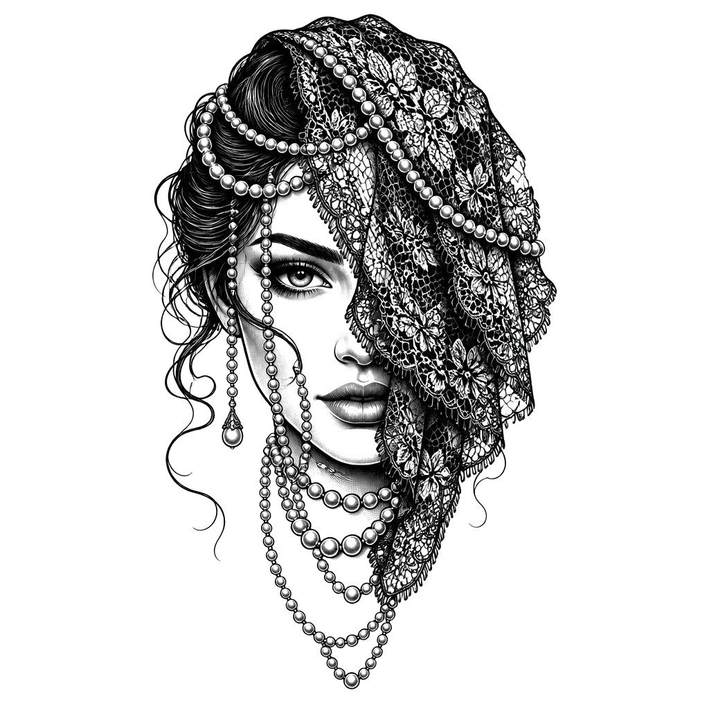 A woman's face half-veiled in lace and strings of pearls