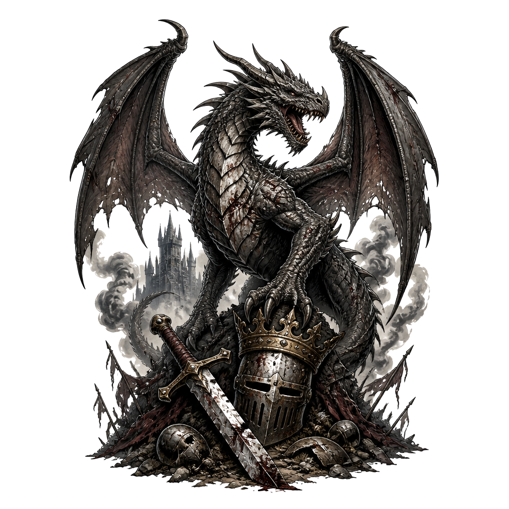 A battle-worn dragon rising above a medieval battlefield, broken sword and crowned helmet beneath its claws, distant castle silhouettes and swirling smoke.