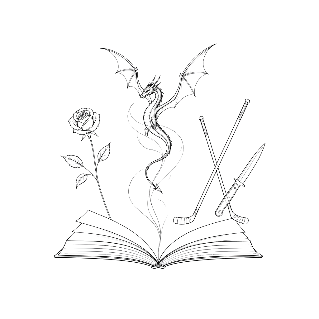 I want an open book and coming out from the book I want a small black dragon, a single rose with the stem, a pair of hokey sticks and a knife