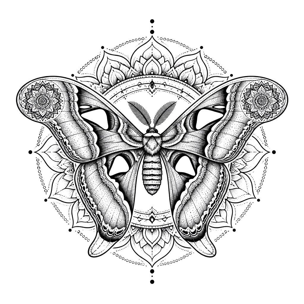 An atlas moth with mandala rings on its wingtips
