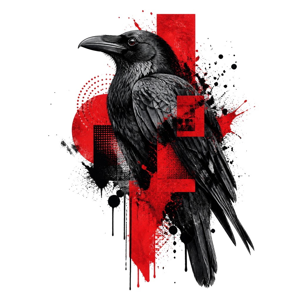 A raven collaged with blocks of red type