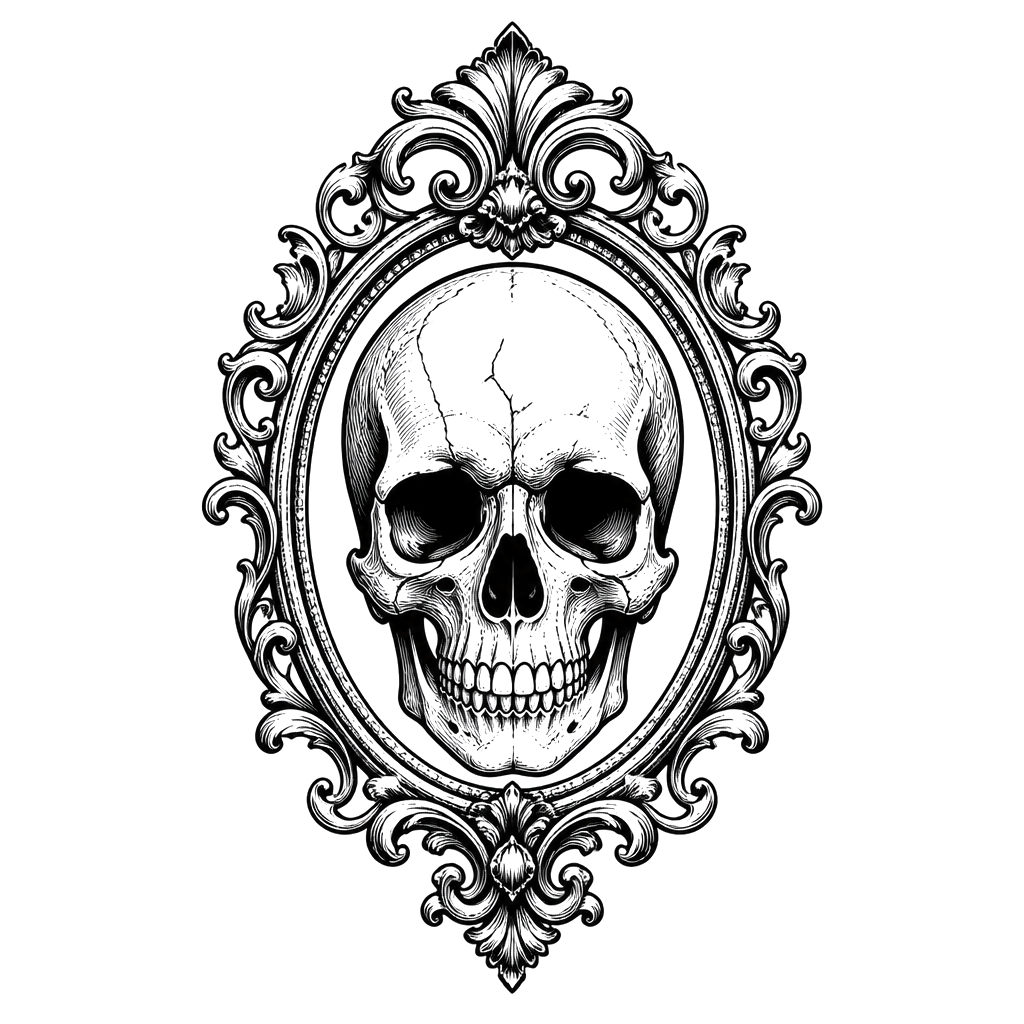 A skull framed by an ornate gilded mirror