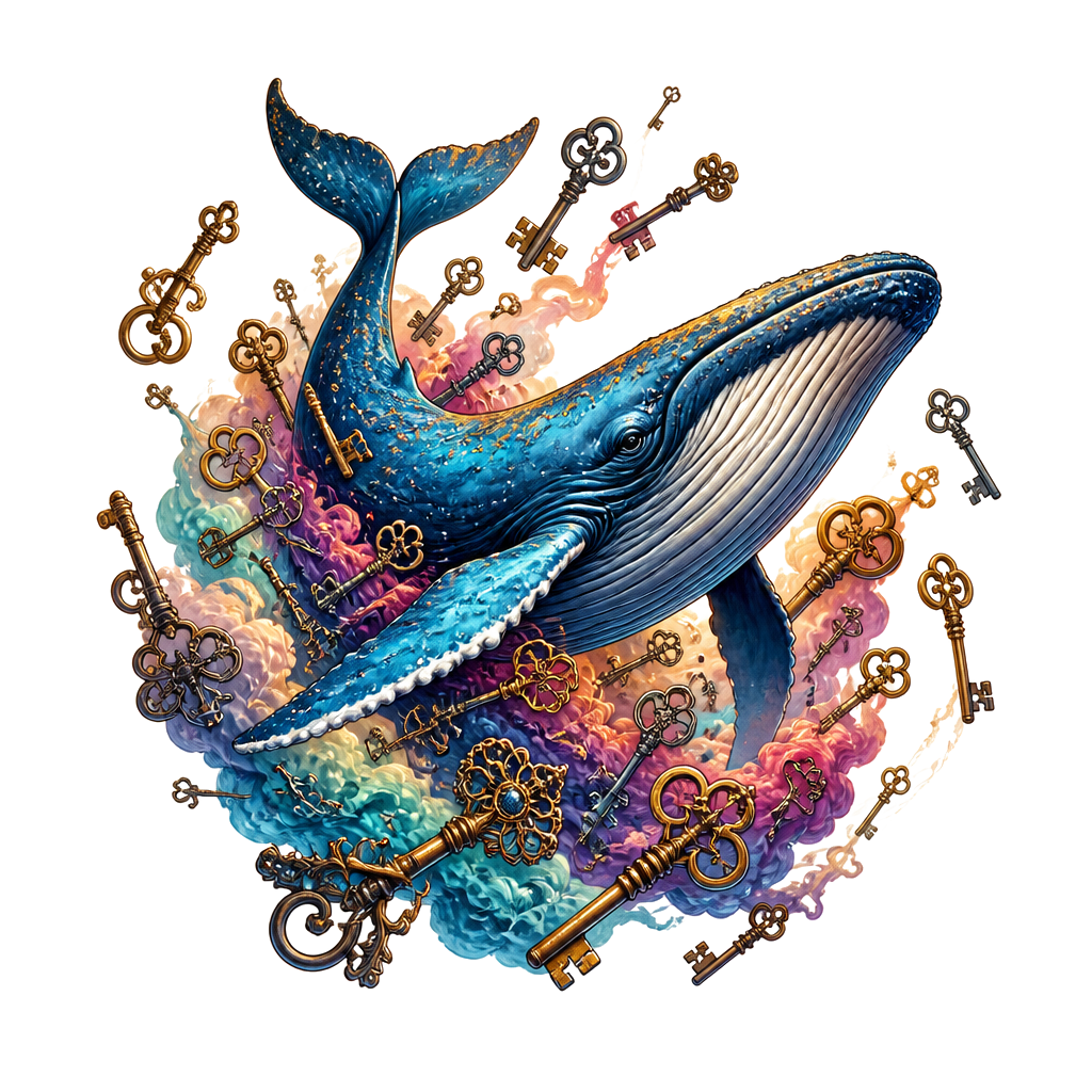 A whale swimming through a cloud of keys