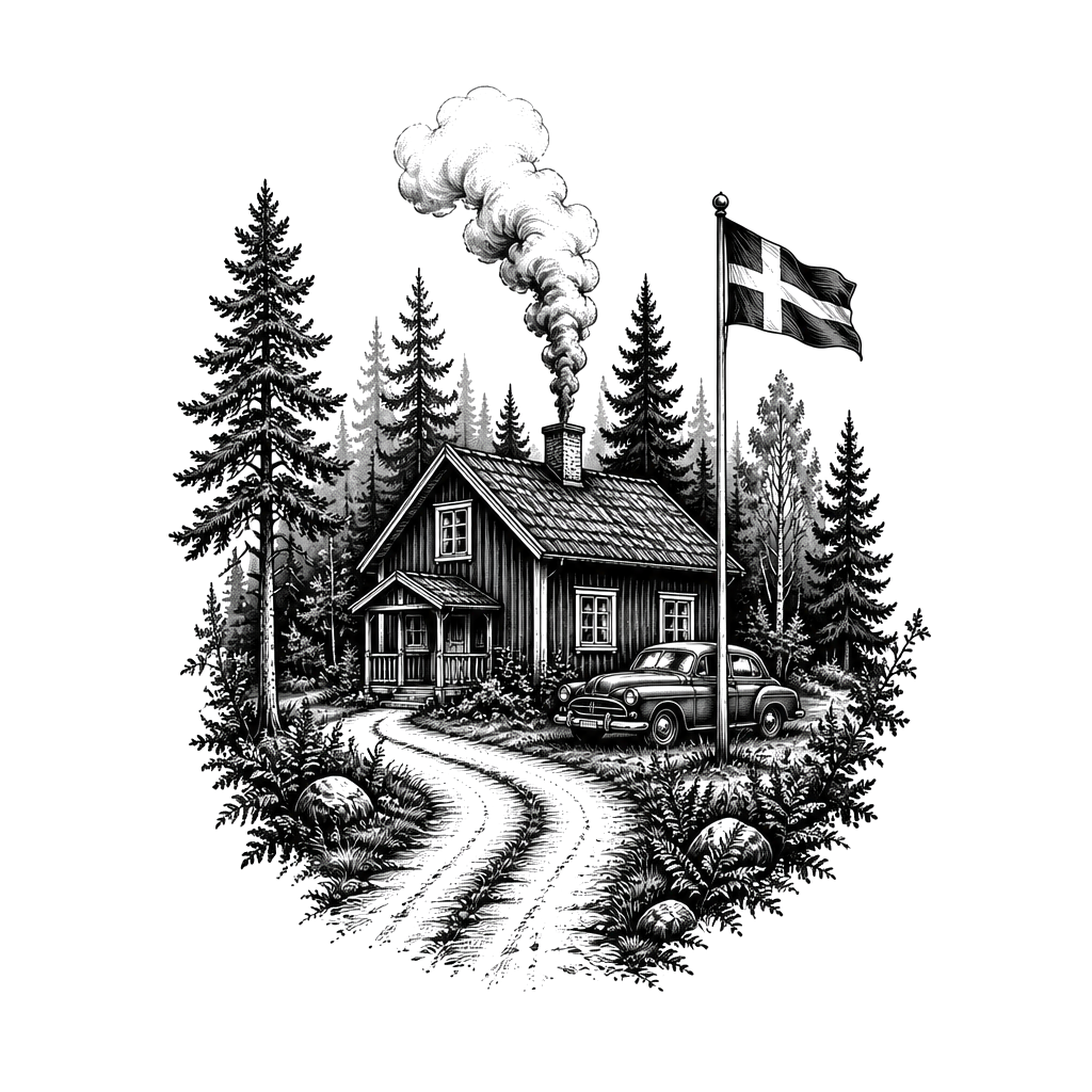A forest with a house thats typical from swedens Wood and a old car next to the house and a flagpole with swedish flag and smoke coming from the chimney and a road coming the house