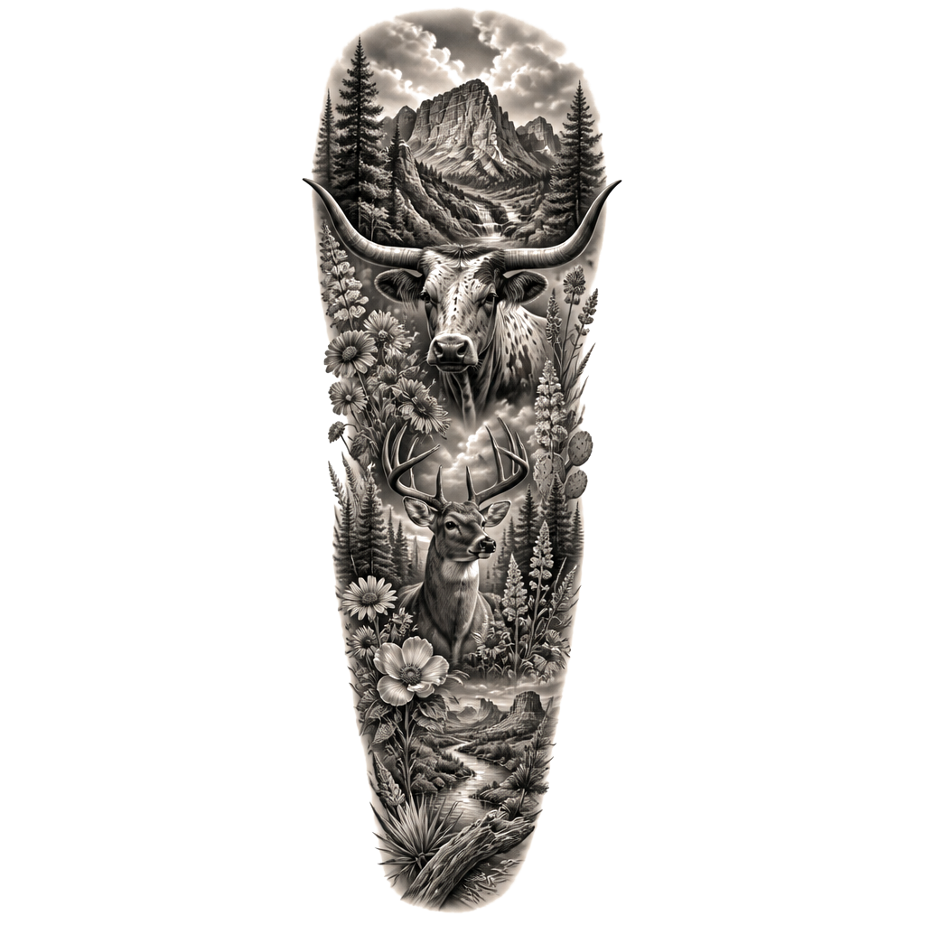 A sleeve with a Texas longhorn some wildflowers western theme a buck and some wilderness like mountains and stuff like that