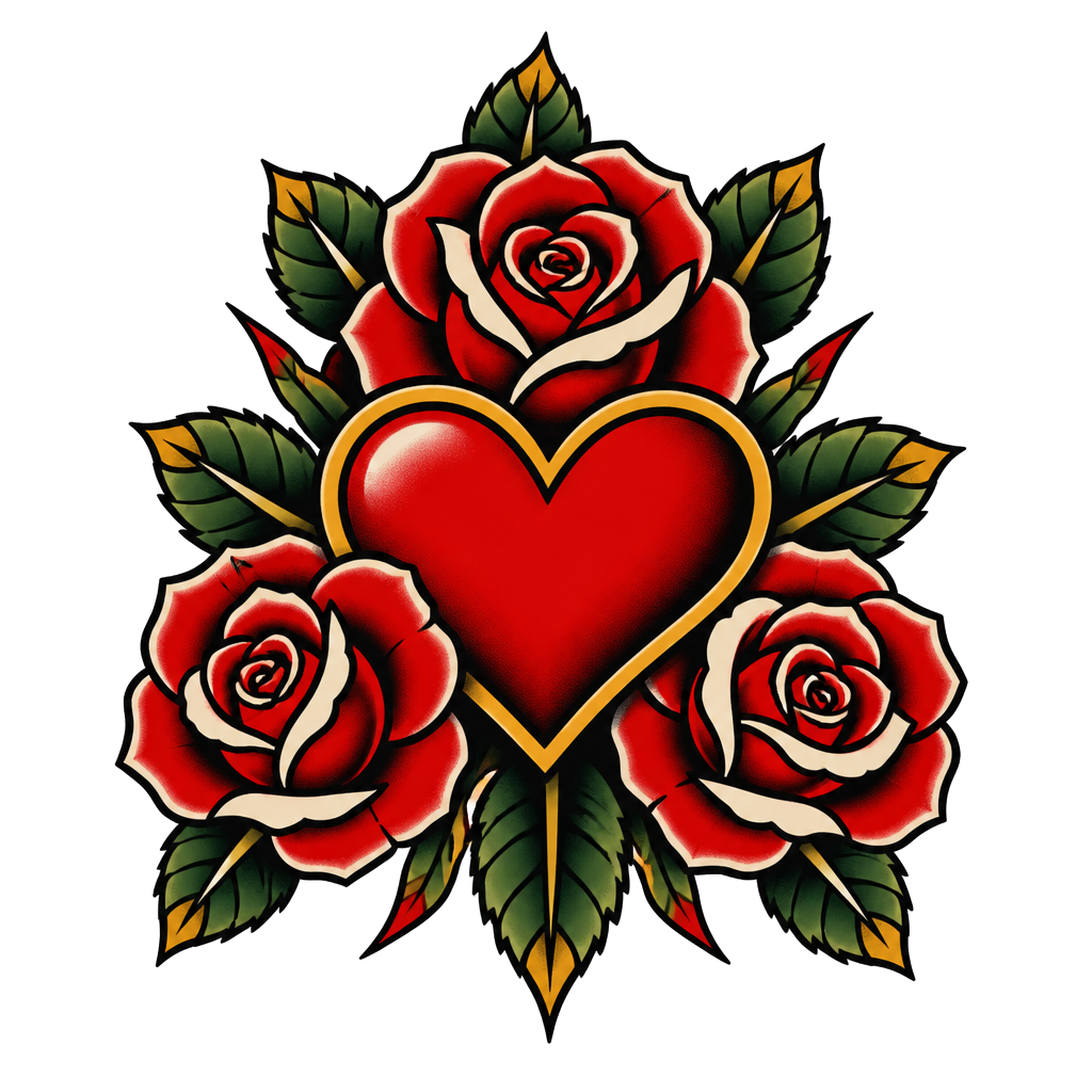 3 roses, leaves, heart,