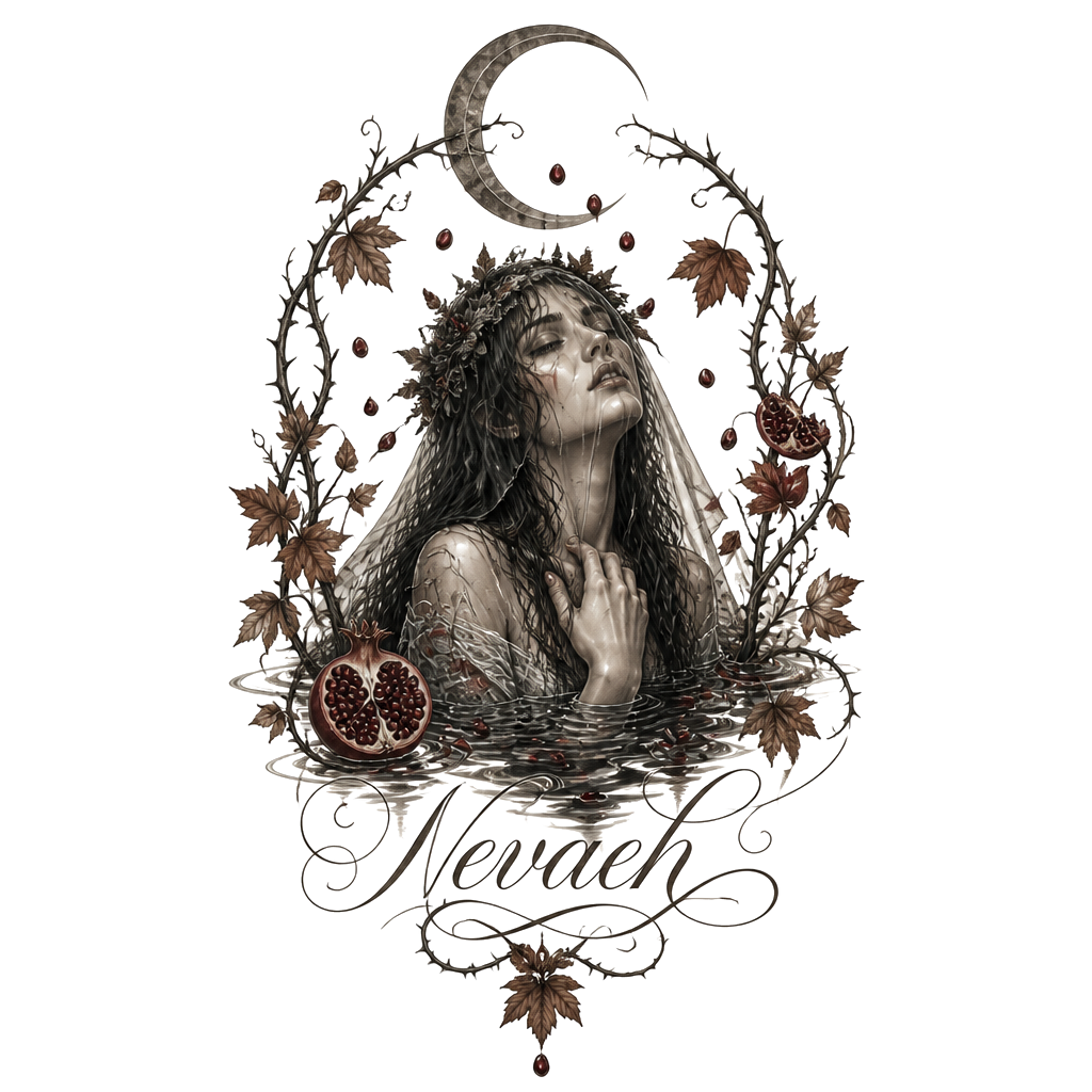 Veiled Persephone emerging from dark water, pomegranate seeds drifting through autumn leaves, encircled by thorny vines and a crescent moon; delicate lettering: “Nevaeh”.