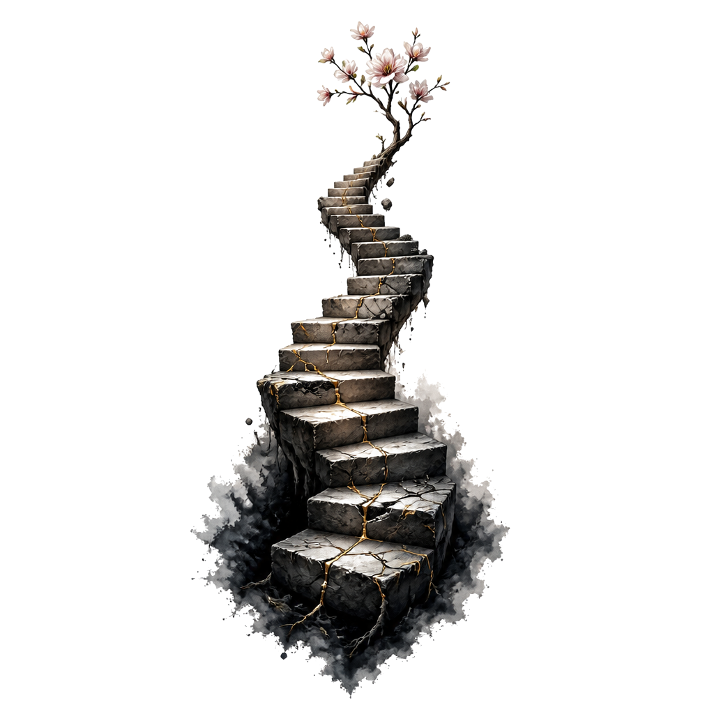 A fractured staircase rising from shadow into open sky, each step repaired with visible seams, ending in a small blooming branch.