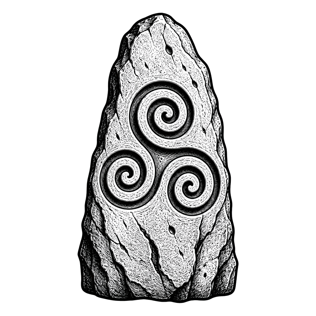 A triskelion spiral carved into standing stone