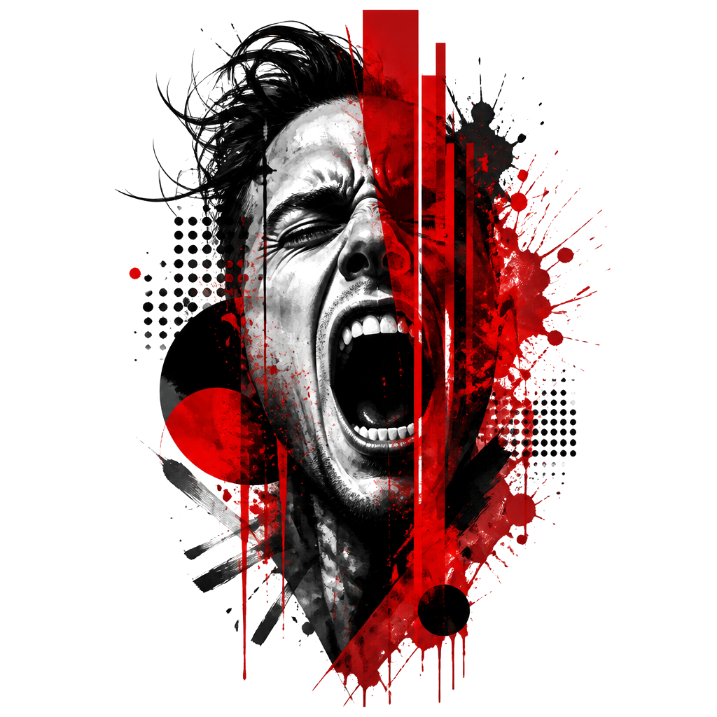 A screaming portrait split by red bars
