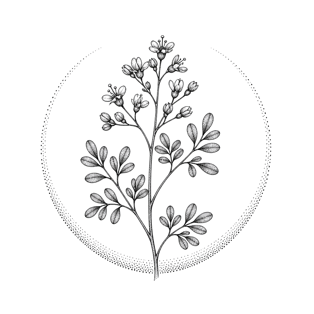 A sprig of rue inside a stippled arc