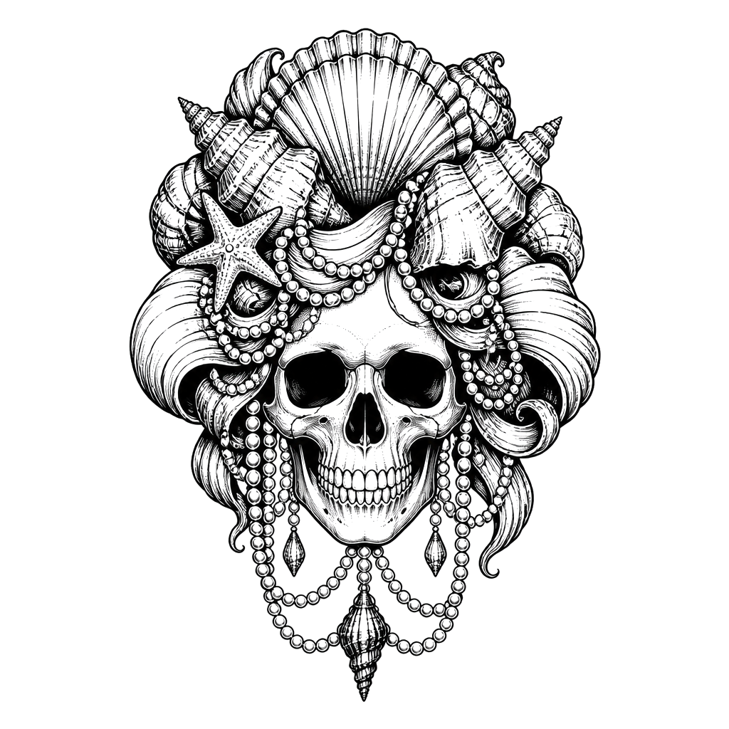 A siren skull with seashell hair and strands of pearls