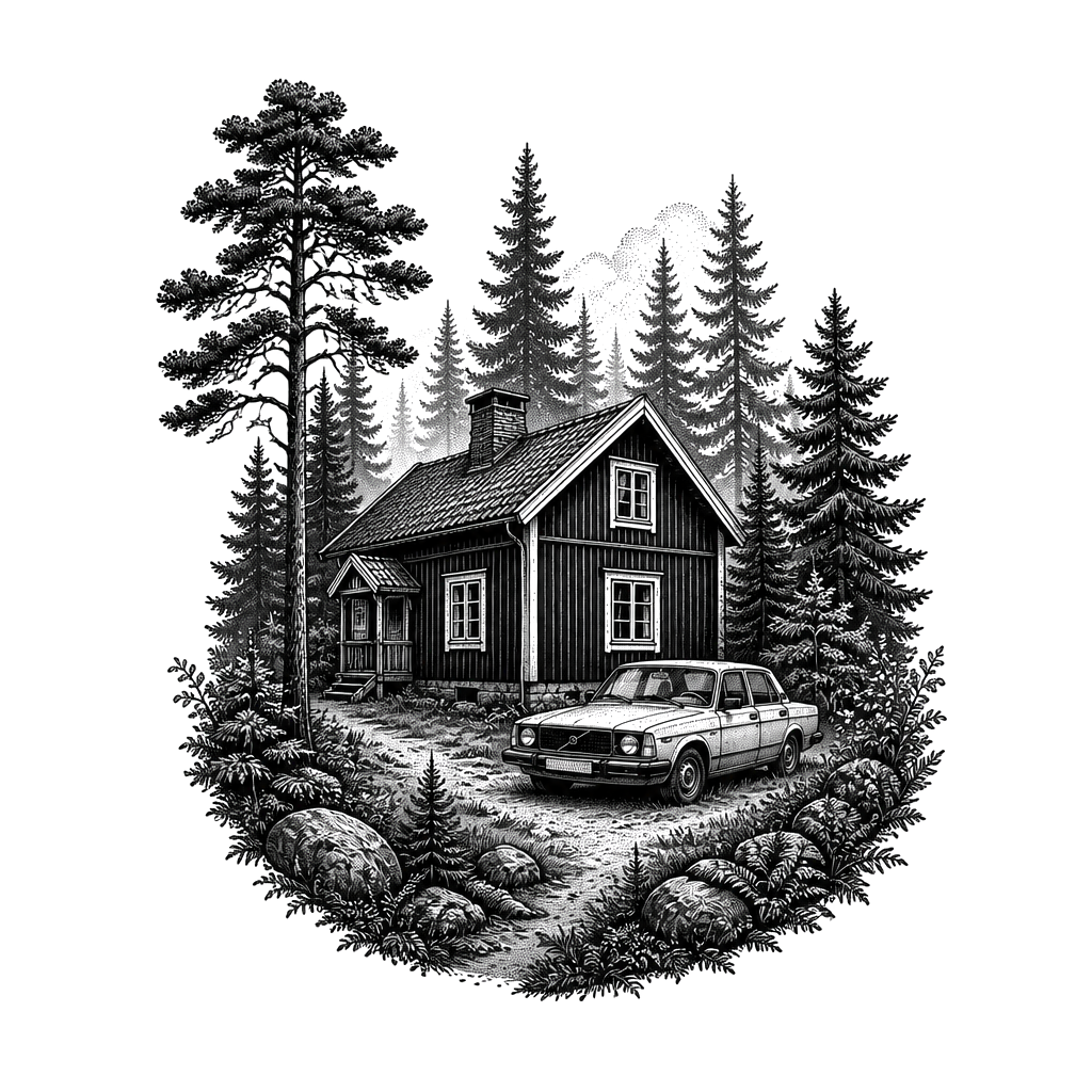 A forest with a house thats typical from swedens Wood and a old volvo next to the house