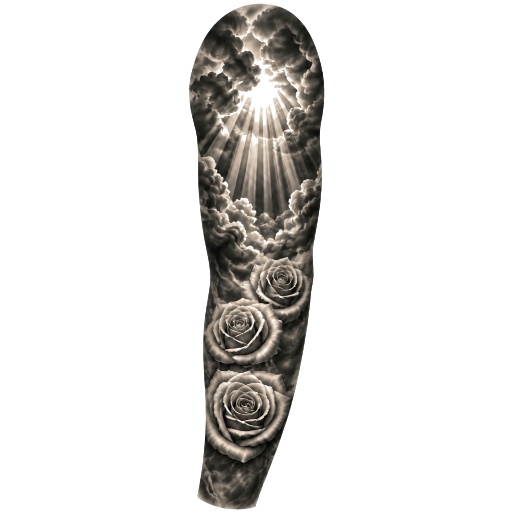 Mach mir ein sleeve tatto mit Rosen auf dem Unterarm und Wolken wo Lichtstrahlen durchscheinen